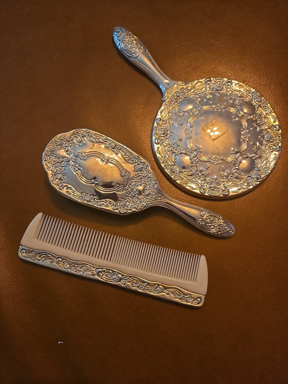 Vintage Silver Plated Vanity Set Mirror Brush Comb 3 Piece Victorian Ornate